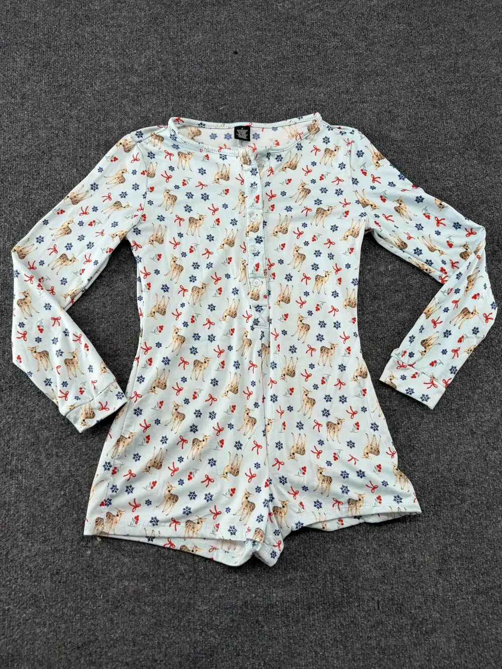 Pajama Romper Womens M Blue Deer Snowflake Christmas Fleece Button Long Sleeve